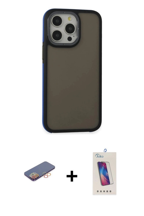 ieg™ iPhone 13 Pro Max Kılıf Eksen Işık - Siyah Joko 5D Cam + Turuncu Renkli Kamera Lens Koruma Cam