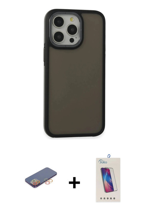 ieg™ iPhone 13 Pro Max Kılıf Eksen Işık - Siyah Joko 5D Cam + Turuncu Renkli Kamera Lens Koruma Cam