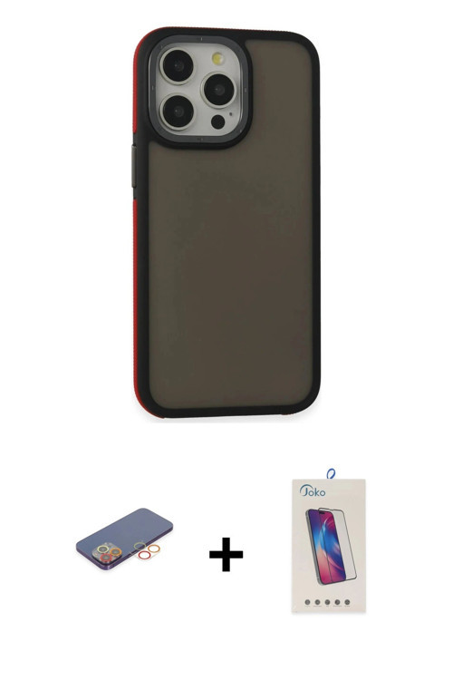 ieg™ iPhone 13 Pro Max Kılıf Eksen Işık - Siyah Joko 5D Cam + Turuncu Renkli Kamera Lens Koruma Cam