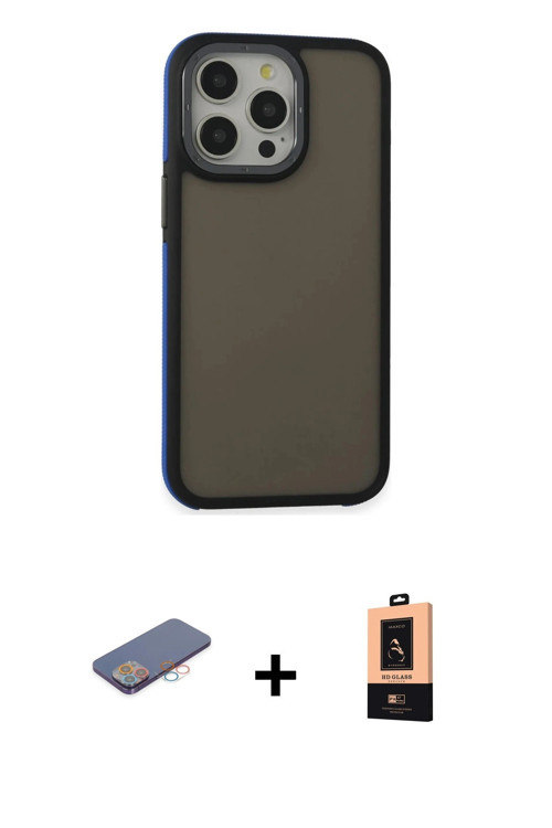 ieg™ iPhone 13 Pro Max Kılıf Eksen Işık - Şeffaf Maxco Cam Ekran Koruyucu + Pembe Renkli Kamera Lens