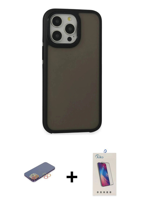 ieg™ iPhone 13 Pro Max Kılıf Eksen Işık - Siyah Joko 5D Cam + Turuncu Renkli Kamera Lens Koruma Cam