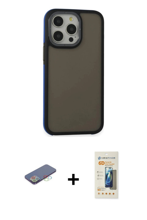 ieg™ iPhone 13 Pro Max Kılıf Eksen Işık - Siyah 6D Mat Seramik Hayalet Nano Ekran Koruyucu + Mavi Re