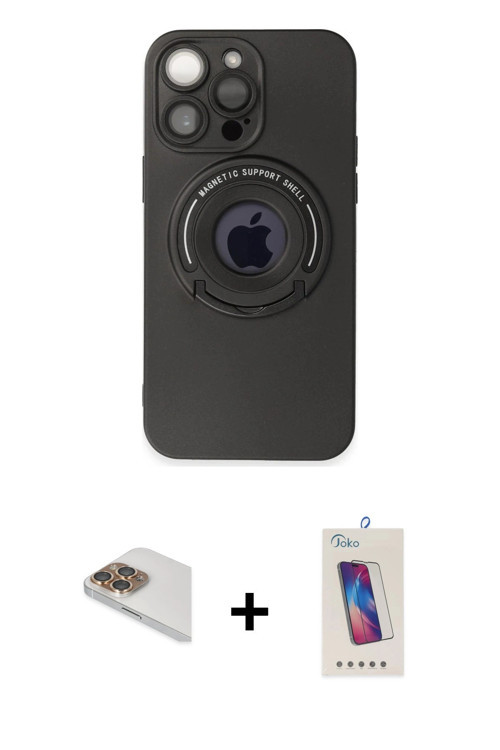 ieg™ iPhone 13 Pro Max Kılıf Eksen Klasik Prime - Siyah Joko 5D Cam + Gold Pers Alüminyum Kamera Len