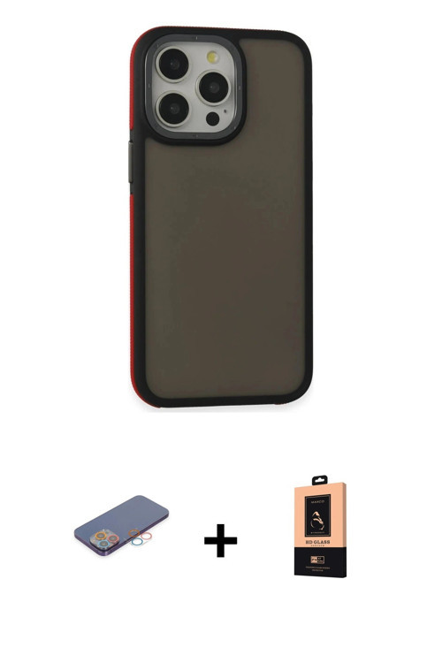 ieg™ iPhone 13 Pro Max Kılıf Eksen Işık - Şeffaf Maxco Cam Ekran Koruyucu + Pembe Renkli Kamera Lens