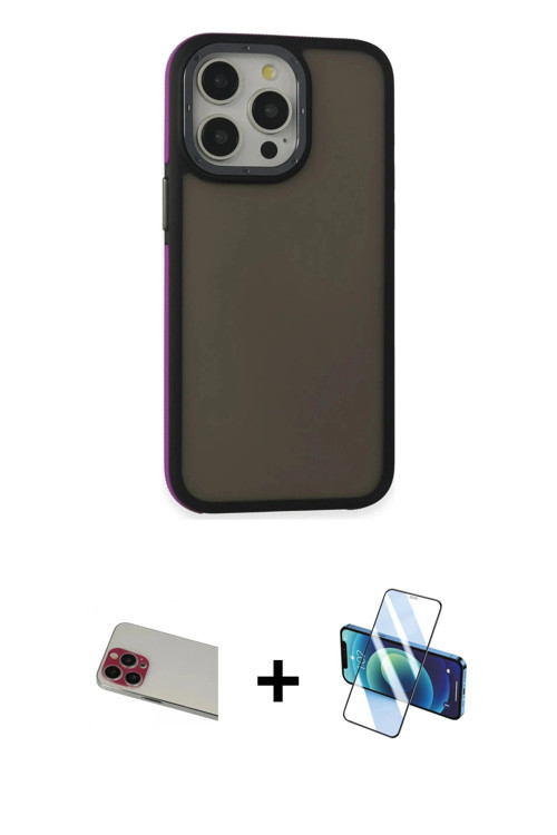 ieg™ iPhone 13 Pro Max Kılıf Eksen Işık - Siyah 3D Antistatik Cam Ekran Koruyucu + Kırmızı Rainbow K