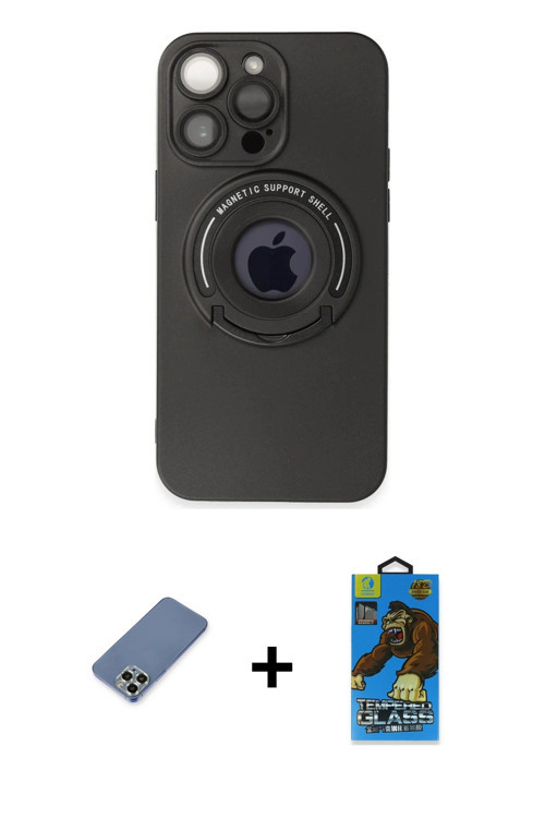 ieg™ iPhone 13 Pro Max Kılıf Eksen Klasik Prime - Siyah 18D Cam Ekran Koruyucu + Açık Yeşil Metal Ka