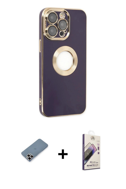 ieg™ iPhone 13 Pro Max Kılıf İz Form Serisi - Siyah Bilvis 3D Mat Cam Ekran Koruyucu + Mor Metal Kam