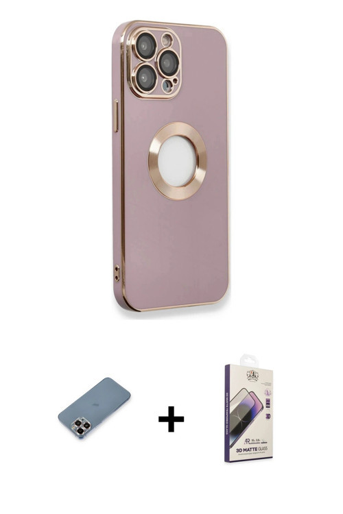 ieg™ iPhone 13 Pro Max Kılıf İz Form Serisi - Siyah Bilvis 3D Mat Cam Ekran Koruyucu + Mor Metal Kam