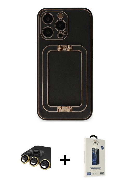 ieg™ iPhone 13 Pro Max Kılıf Kozmos Minimal Prime - Siyah Bilvis Hayalet Cam Ekran Koruyucu + Gold R
