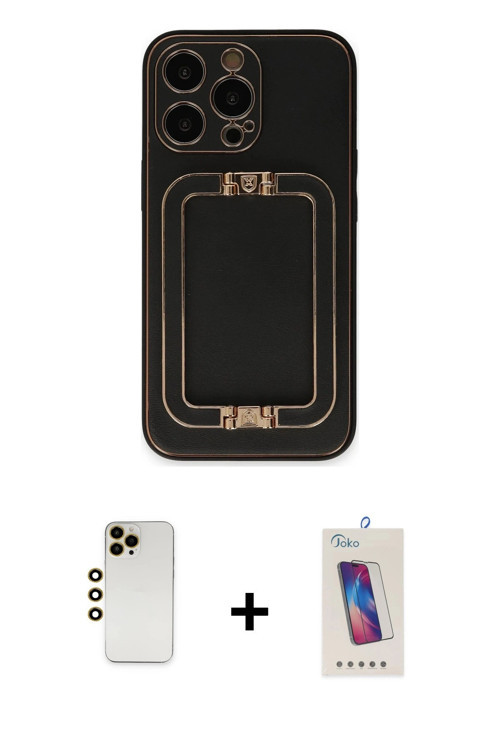 ieg™ iPhone 13 Pro Max Kılıf Kozmos Minimal Prime - Siyah Joko 5D Cam + Gold Shine Kamera Lens