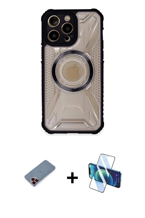 ieg™ iPhone 13 Pro Max Kılıf Kutup Modern - Siyah 3D Antistatik Cam Ekran Koruyucu + Kırmızı Metal K
