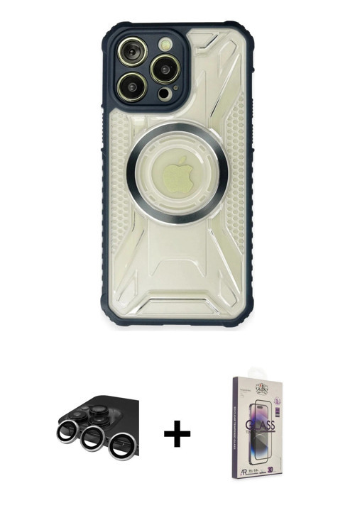 ieg™ iPhone 13 Pro Max Kılıf Kutup Modern - Siyah Bilvis 3D Cam Ekran Koruyucu + Gümüş Raze Metal Ka