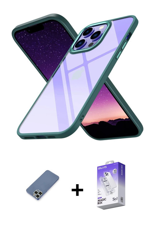 ieg™ iPhone 13 Pro Max Kılıf Nova Işık Serisi - Siyah Bilvis 5in1 3D Magic Cam Ekran Koruyucu + Açık