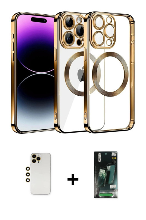 ieg™ iPhone 13 Pro Max Kılıf Pusula Form - Şeffaf 360 Full Body Arka Koruyucu + Gold Shine Kamera Le