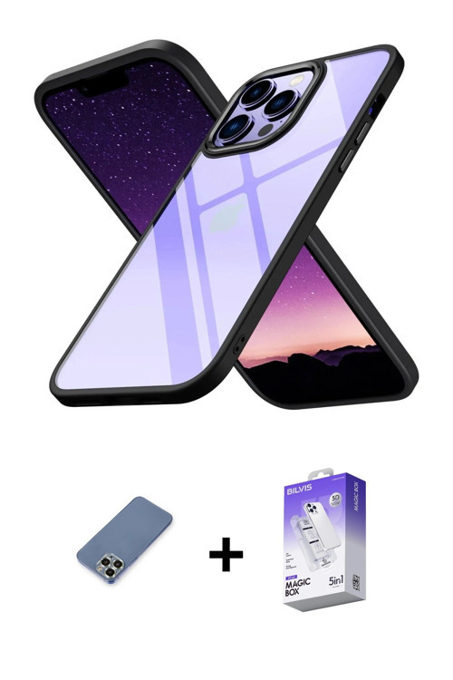 ieg™ iPhone 13 Pro Max Kılıf Nova Işık Serisi - Siyah Bilvis 5in1 3D Magic Cam Ekran Koruyucu + Açık