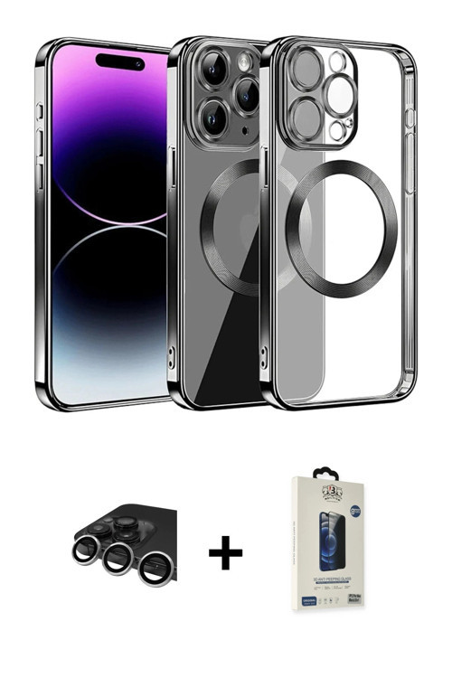 ieg™ iPhone 13 Pro Max Kılıf Pusula Form - Siyah Bilvis Hayalet Cam Ekran Koruyucu + Gümüş Raze Meta