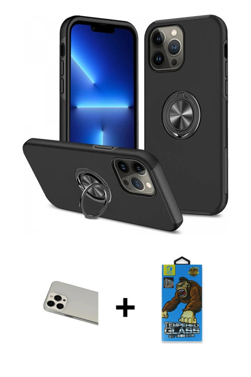 ieg™ iPhone 13 Pro Max Kılıf Odak Form Prime - Siyah 18D Cam Ekran Koruyucu + Beyaz Rainbow Kamera L