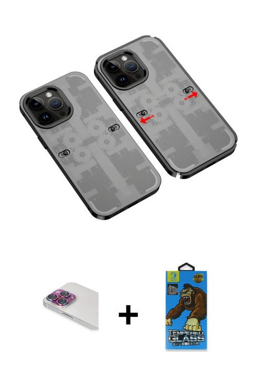 ieg™ iPhone 13 Pro Max Kılıf Ufuk Doku Prime - Siyah 18D Cam Ekran Koruyucu + Gökkuşağı Pers Alüminy