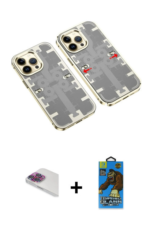 ieg™ iPhone 13 Pro Max Kılıf Ufuk Doku Prime - Siyah 18D Cam Ekran Koruyucu + Gökkuşağı Pers Alüminy