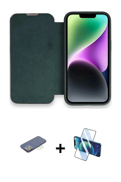 ieg™ iPhone 13 Pro Max Kılıf Siluet Minimal Serisi - Siyah 3D Antistatik Cam Ekran Koruyucu + Yeşil