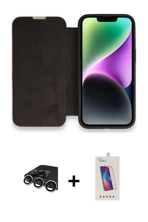 ieg™ iPhone 13 Pro Max Kılıf Siluet Minimal Serisi - Siyah Joko 5D Cam + Gümüş Raze Metal Kamera Len