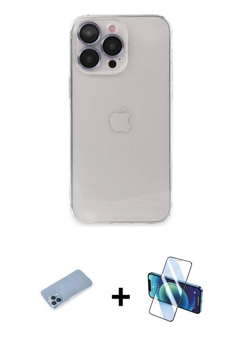 ieg™ iPhone 13 Pro Max Kılıf Ufuk Minimal Özel Seri - Siyah 3D Antistatik Cam Ekran Koruyucu + Mavi
