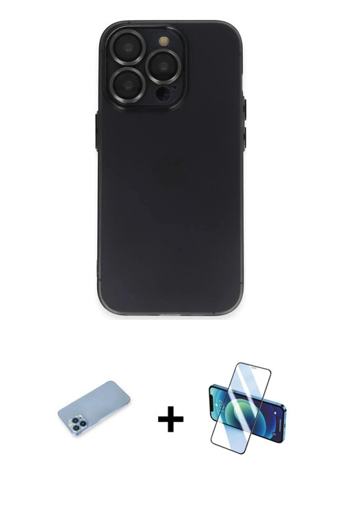ieg™ iPhone 13 Pro Max Kılıf Ufuk Minimal Özel Seri - Siyah 3D Antistatik Cam Ekran Koruyucu + Mavi