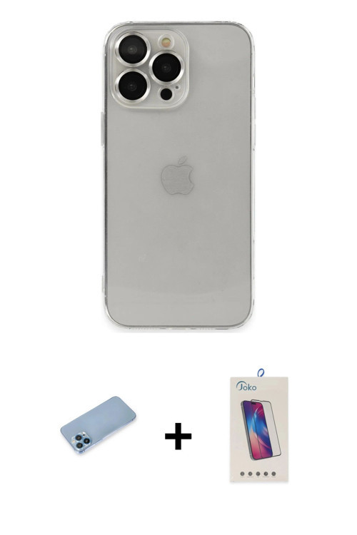 ieg™ iPhone 13 Pro Max Kılıf Ufuk Minimal Özel Seri - Siyah Joko 5D Cam + Mavi Shine Kamera Lens Kor