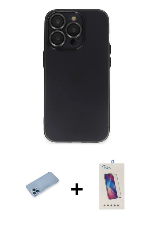 ieg™ iPhone 13 Pro Max Kılıf Ufuk Minimal Özel Seri - Siyah Joko 5D Cam + Mavi Shine Kamera Lens Kor