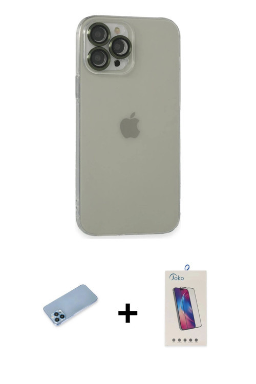 ieg™ iPhone 13 Pro Max Kılıf Ufuk Minimal Özel Seri - Siyah Joko 5D Cam + Mavi Shine Kamera Lens Kor