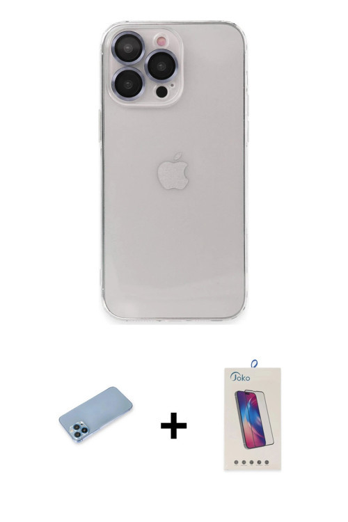 ieg™ iPhone 13 Pro Max Kılıf Ufuk Minimal Özel Seri - Siyah Joko 5D Cam + Mavi Shine Kamera Lens Kor
