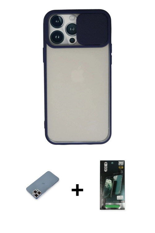 ieg™ iPhone 13 Pro Max Kılıf Vadi Çizgi - Şeffaf 360 Full Body Arka Koruyucu + Mor Metal Kamera Lens