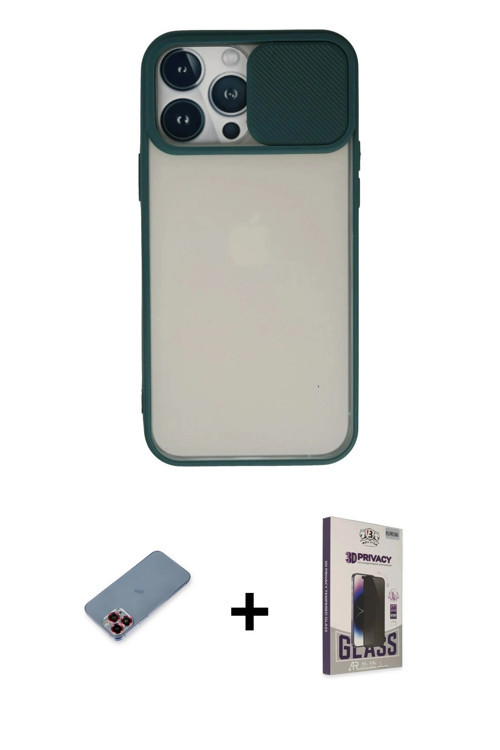 ieg™ iPhone 13 Pro Max Kılıf Vadi Çizgi - Siyah Bilvis Hayalet Cam Ekran Koruyucu + Kırmızı Metal Ka