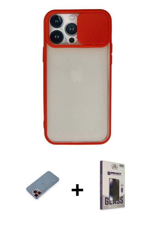 ieg™ iPhone 13 Pro Max Kılıf Vadi Çizgi - Siyah Bilvis Hayalet Cam Ekran Koruyucu + Kırmızı Metal Ka