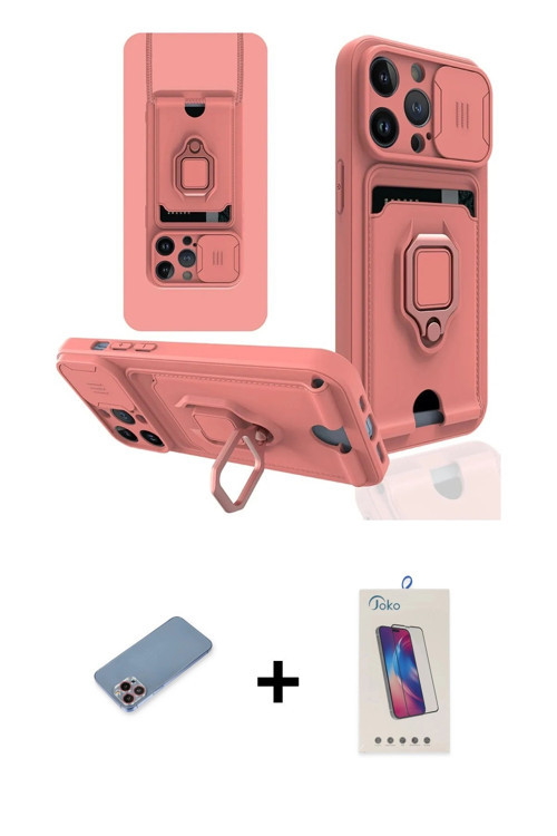 ieg™ iPhone 13 Pro Max Kılıf Vadi Form Prime - Siyah Joko 5D Cam + Pembe Shine Kamera Lens Koruma Ca