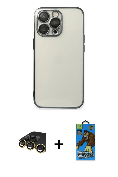 ieg™ iPhone 13 Pro Max Kılıf Vadi Minimal - Siyah 18D Cam Ekran Koruyucu + Gold Raze Metal Kamera Le