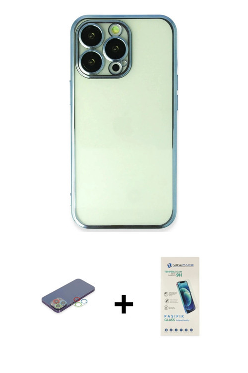 ieg™ iPhone 13 Pro Max Kılıf Vadi Minimal - Şeffaf Pasifik Cam Ekran Koruyucu + Mavi Renkli Kamera L