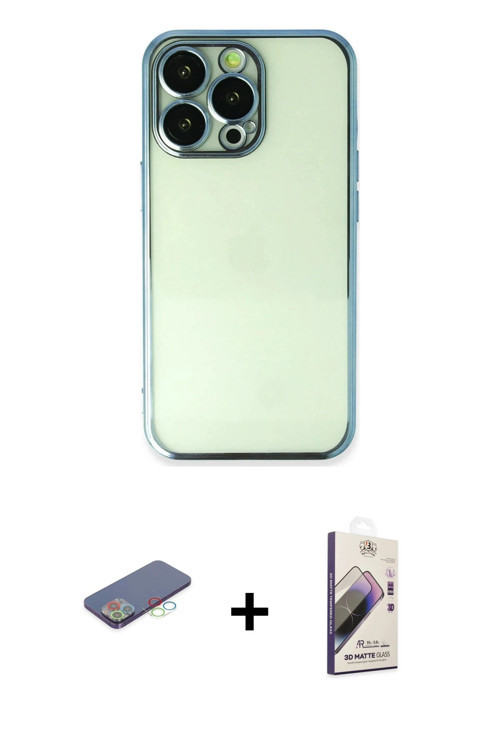 ieg™ iPhone 13 Pro Max Kılıf Vadi Minimal - Siyah Bilvis 3D Mat Cam Ekran Koruyucu + Mavi Renkli Kam