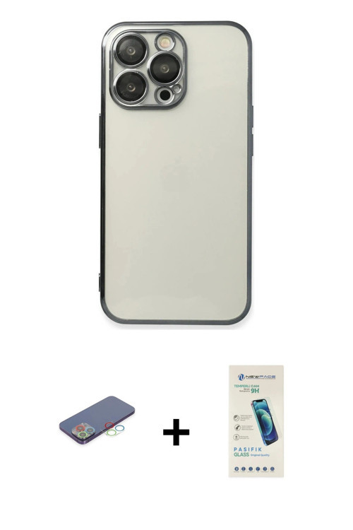 ieg™ iPhone 13 Pro Max Kılıf Vadi Minimal - Şeffaf Pasifik Cam Ekran Koruyucu + Mavi Renkli Kamera L
