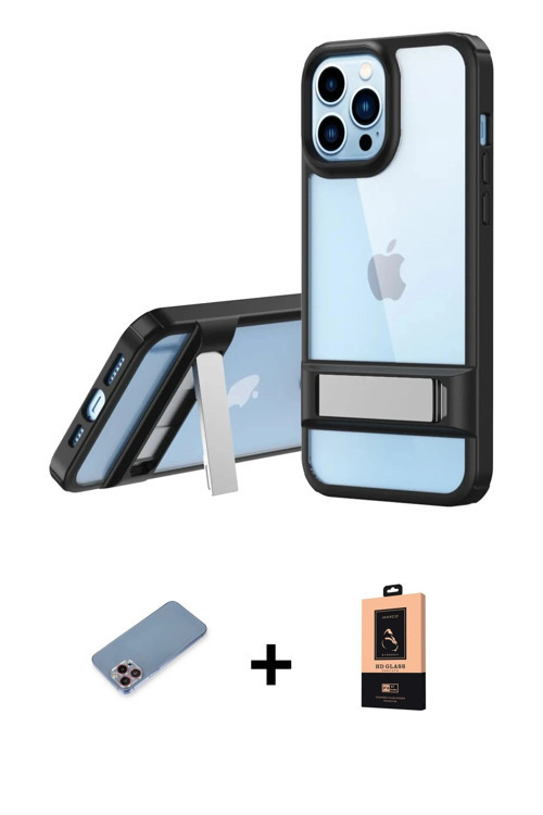 ieg™ iPhone 13 Pro Max Kılıf Yadigar Yansıma - Şeffaf Maxco Cam Ekran Koruyucu + Pembe Shine Kamera