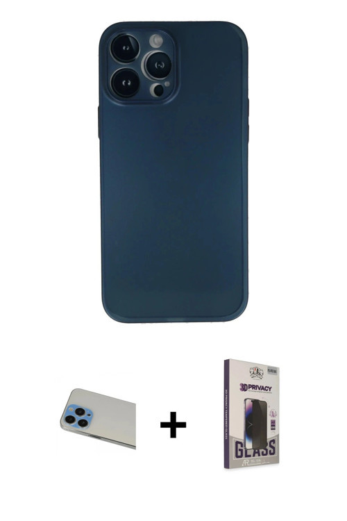 ieg™ iPhone 13 Pro Max Kılıf Yadigar Yansıma Serisi - Siyah Bilvis Hayalet Cam Ekran Koruyucu + Mavi
