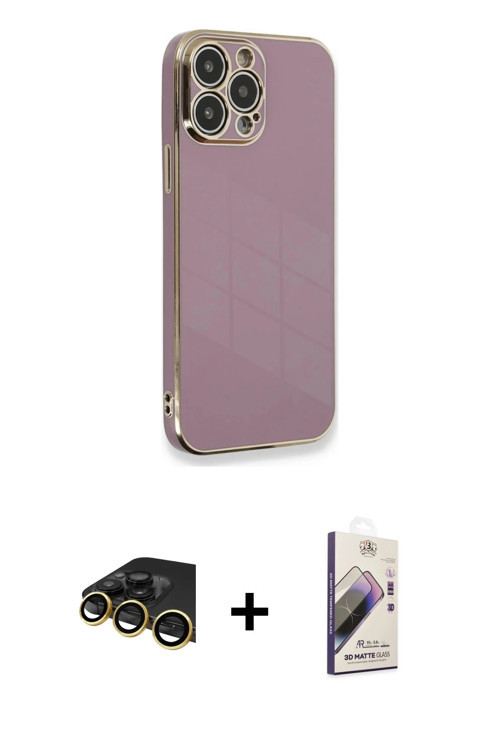 ieg™ iPhone 13 Pro Max Kılıf Yankı Serisi - Siyah Bilvis 3D Mat Cam Ekran Koruyucu + Gold Raze Metal