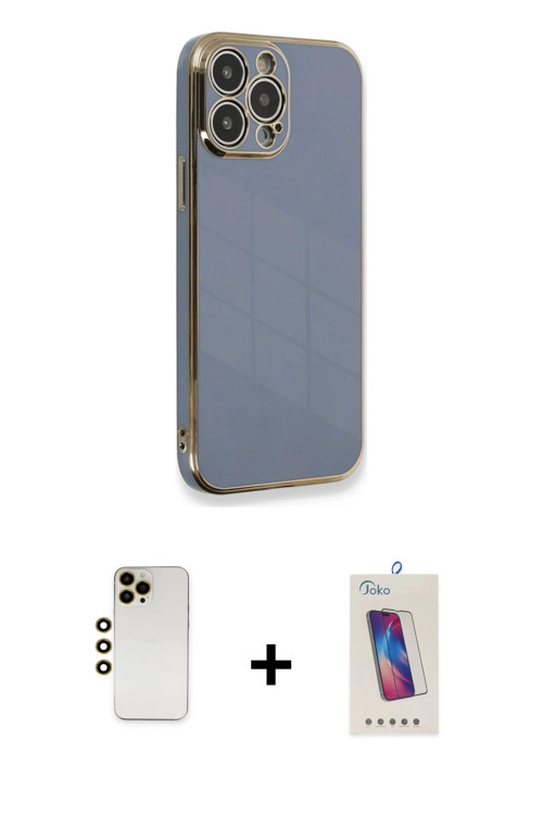 ieg™ iPhone 13 Pro Max Kılıf Yankı Serisi - Siyah Joko 5D Cam + Gold Shine Kamera Lens