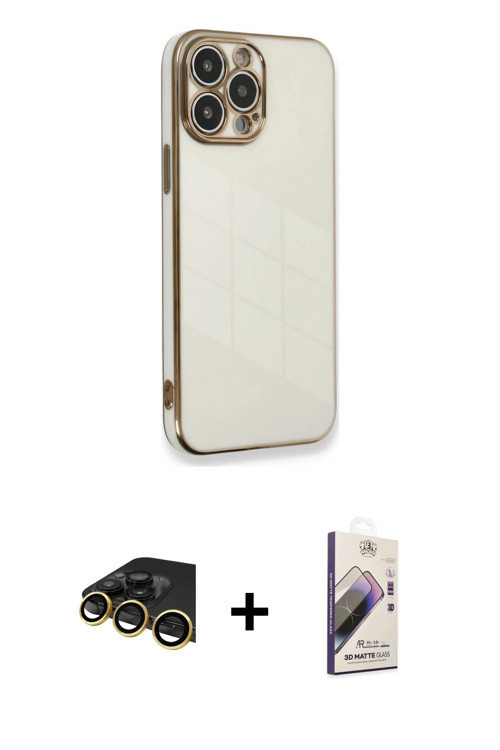 ieg™ iPhone 13 Pro Max Kılıf Yankı Serisi - Siyah Bilvis 3D Mat Cam Ekran Koruyucu + Gold Raze Metal