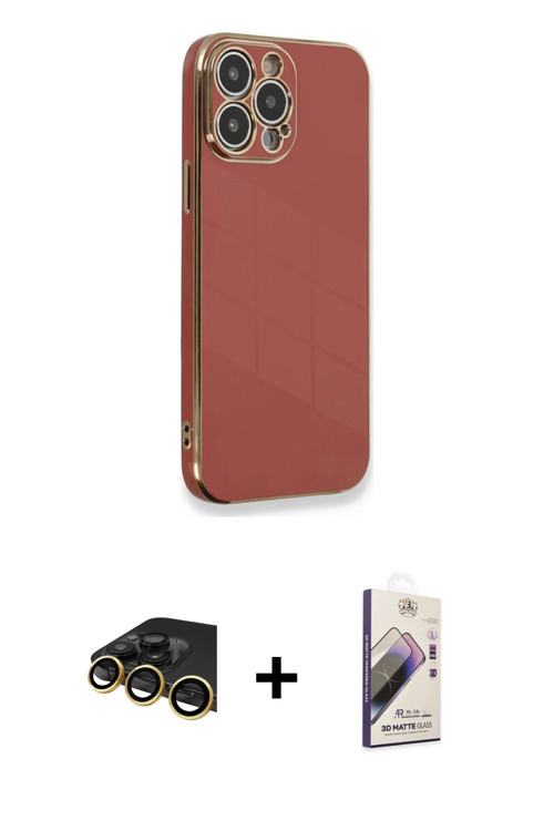 ieg™ iPhone 13 Pro Max Kılıf Yankı Serisi - Siyah Bilvis 3D Mat Cam Ekran Koruyucu + Gold Raze Metal