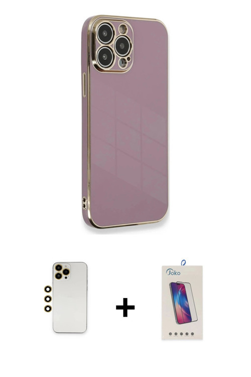 ieg™ iPhone 13 Pro Max Kılıf Yankı Serisi - Siyah Joko 5D Cam + Gold Shine Kamera Lens