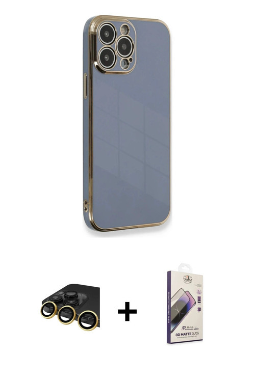 ieg™ iPhone 13 Pro Max Kılıf Yankı Serisi - Siyah Bilvis 3D Mat Cam Ekran Koruyucu + Gold Raze Metal