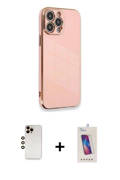 ieg™ iPhone 13 Pro Max Kılıf Yankı Serisi - Siyah Joko 5D Cam + Gold Shine Kamera Lens