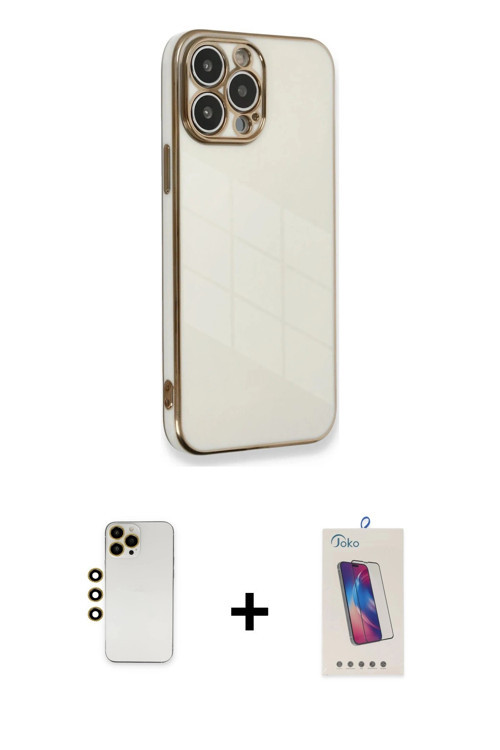 ieg™ iPhone 13 Pro Max Kılıf Yankı Serisi - Siyah Joko 5D Cam + Gold Shine Kamera Lens