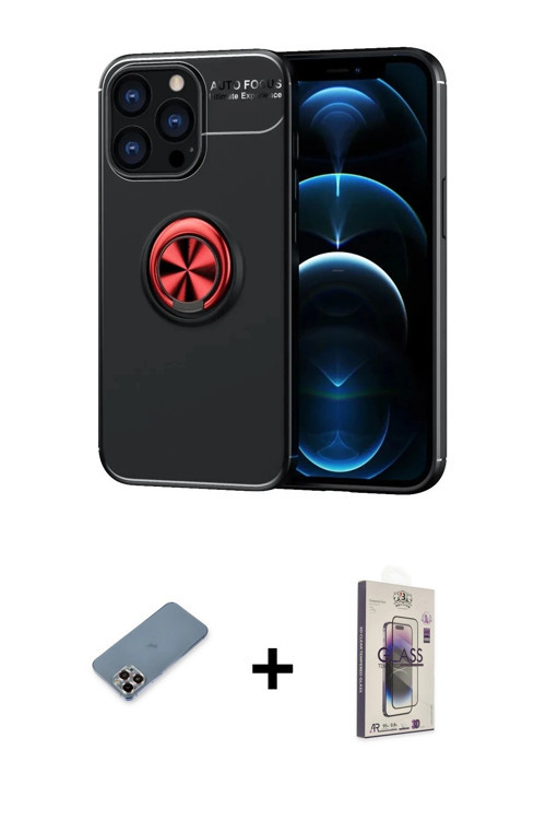 ieg™ iPhone 13 Pro Max Kılıf Yankı Form Prime - Siyah Bilvis 3D Cam Ekran Koruyucu + Mor Metal Kamer